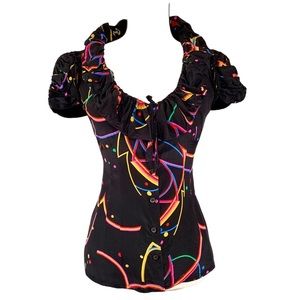 Prada Silk Retro Print Ruffle Collar Short Sleeve Blouse Top Size 44